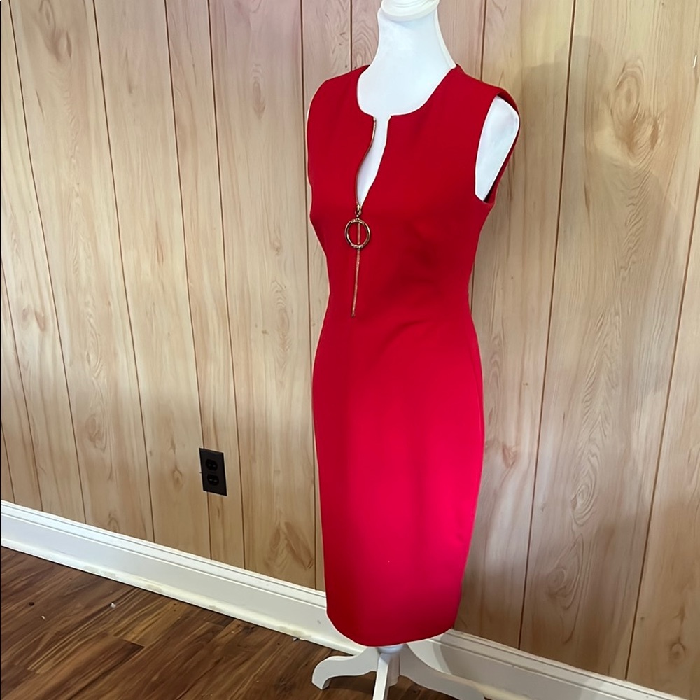 Calvin Klein Red‎ Sleeveless Sheath Dress With Gold Zipper O-Ring - Size 4 - Picture 7 of 13